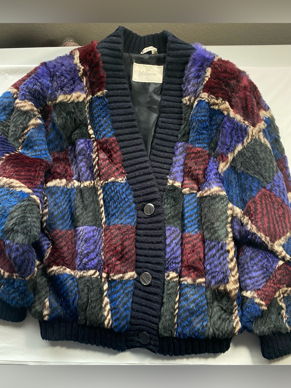 Vtg Furs by Wilsons Genuine Rabbit Fur Patchwork Cardigan Bomber Jacket